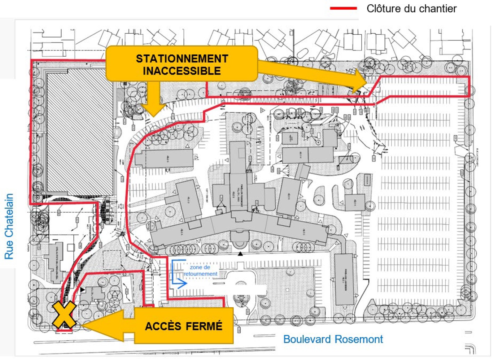 Localisation du chantier de construction du stationnement étagé préalable à la modernisation de l'HMR