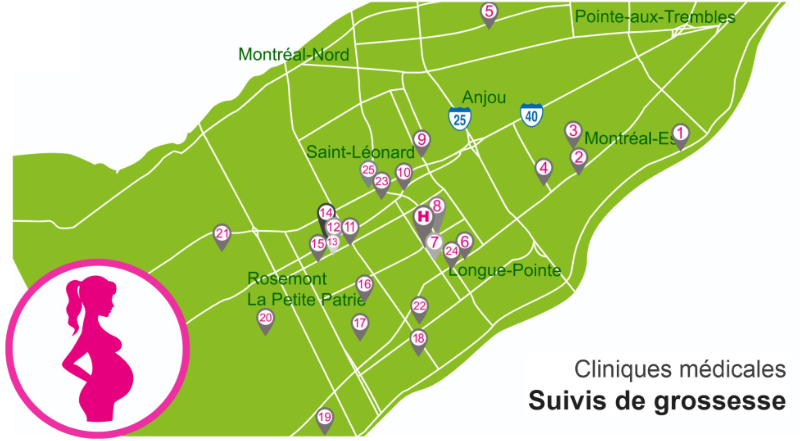 Carte des cliniques qui offrent des suivis de grossesse
